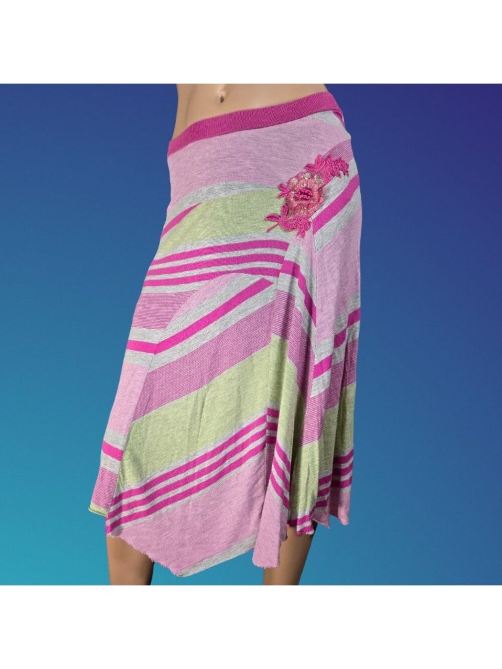 Y2K Billabong Pink Green Striped Asymmetric Midi Skirt Size M Floral Applique